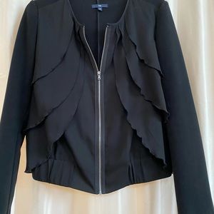 Black ruffle bomber jacket w great feminine detail.